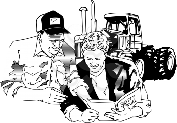 Royalty Free Clipart Image of Farmers Reading a Manual