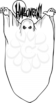 Royalty Free Clipart Image of a Ghost Under the Word Halloween