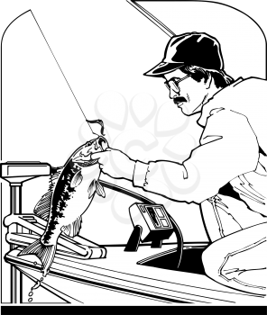Royalty Free Clipart Image of an Angler Catching a Fish