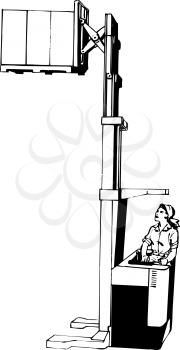 Royalty Free Clipart Image of a Woman Operating a Lift