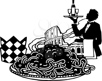 Royalty Free Clipart Image of a Plate of Spaghetti and a Waiter
