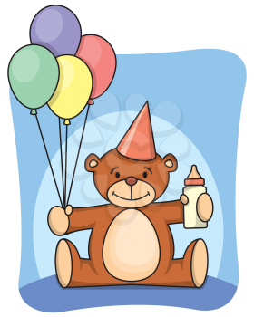 Royalty Free Clipart Image of a Teddy Bear With Balloon and a Baby Bottle