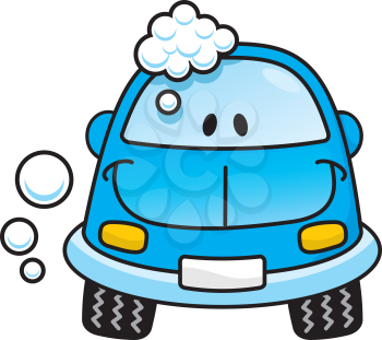 Royalty Free Clipart Image of a Happy Blue Car With Suds