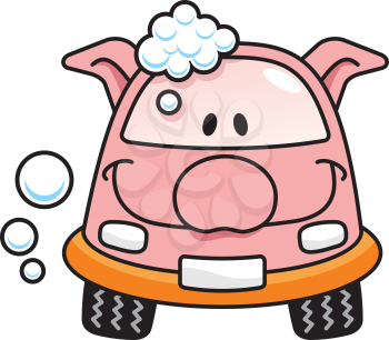 Royalty Free Clipart Image of a Pig Car Getting a Wash
