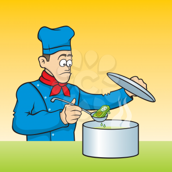 Royalty Free Clipart Image of a Chef Lifting a Mobile Phone Out of a Pot