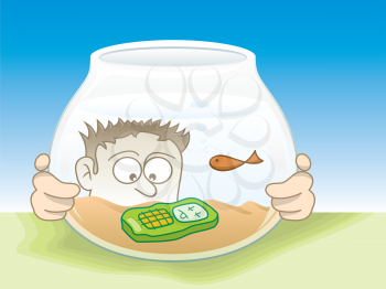 Royalty Free Clipart Image of a Man Looking at His Cellphone in a Fishbowl