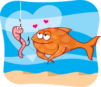 Royalty Free Clipart Image of a Fish With a Worm on a Hook