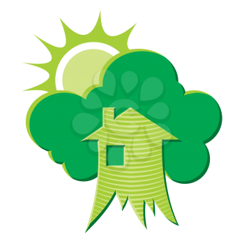 Royalty Free Clipart Image of a House, Greenery and the Sun