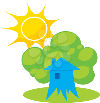 Royalty Free Clipart Image of a House, Tree and Sun