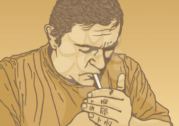 Royalty Free Clipart Image of a Man Lighting a Cigarette
