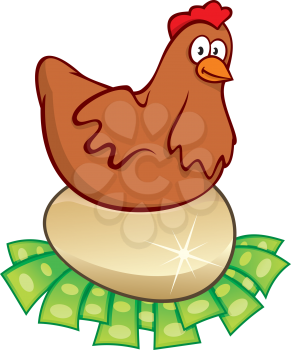 Royalty Free Clipart Image of a Hen Sitting on a Golden Egg
