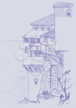 Royalty Free Clipart Image of a Sketch of Old Buildings by the Sea