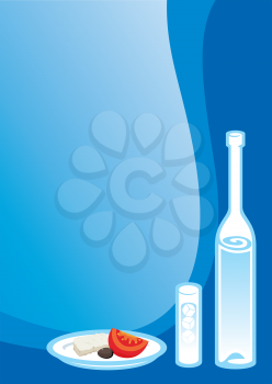 Royalty Free Clipart Image of a Bottle and Glass With a Snack