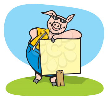 Royalty Free Clipart Image of a Cool Pig Beside a Sign
