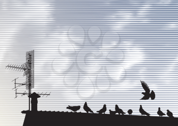 Royalty Free Clipart Image of Birds on a Rooftop