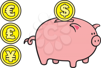 Royalty Free Clipart Image of a Piggy Bank With Coins Depicting Various Currencies