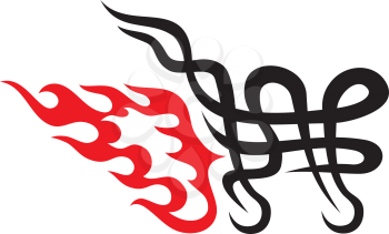 Royalty Free Clipart Image of a Tribal Black Shopping Cart Icon With Red Flames