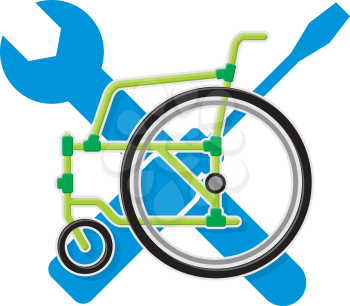 Royalty Free Clipart Image of a Wheelchair Icon Over a Screwdriver and Wrench