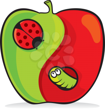 Royalty Free Clipart Image of a Yin Yang Apple With a Ladybug and Worm