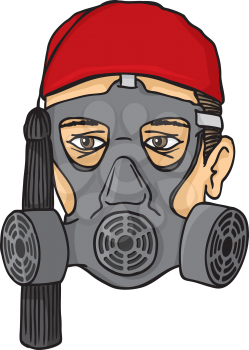 Royalty Free Clipart Image of a Man in a Red Hat Wearing a Gas Mask