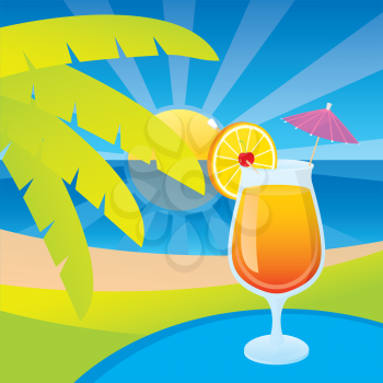 Royalty Free Clipart Image of a Cocktail on a Sunny Beach