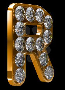 Royalty Free Clipart Image of a Golden Letter R Incrusted With Diamonds