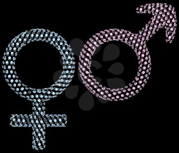 Royalty Free Clipart Image of Golden Gender Symbols Incrusted With Sapphires and Rubies