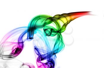 Abstract colorful smoke swirls over the white background