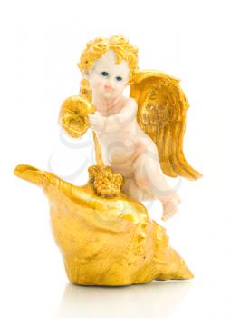 Close-up of beautiful angel with shell on white