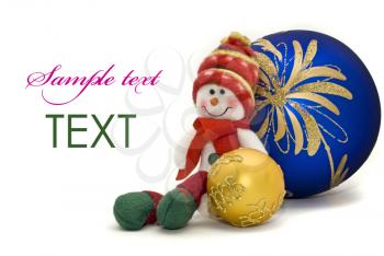 Christmas card - decoration toy with colorful New Year Balls over white with focus on the back