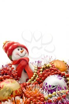 Christmas greetings - Funny white snowman and decoration balls over white