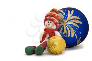Christmas decoration toy with colorful New Year Balls over white with focus on the back