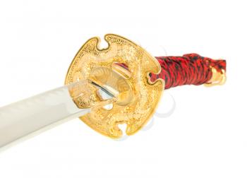 Closeup of katana sword handle and blade isolated on white