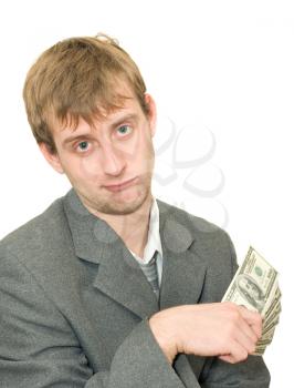 Funny looking dishevelled man with dollars on white