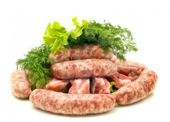 Pork meat, Sausages, salad and green dill . Isolated over white