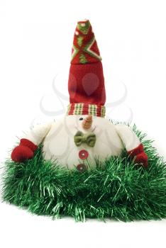 Plush Christmas snowman toy in green tinsel over white