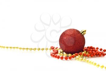 Red Decoration ball, red and golden beads over white background