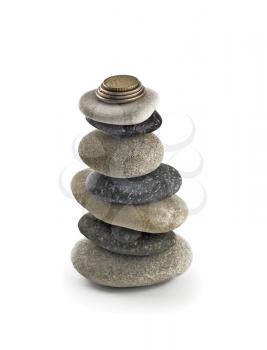 Stability and welfare - Tall Balanced stone stack or tower with coins on top over white