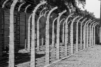 Black and white - Wire fence in Auschwitz concentration camp in Poland