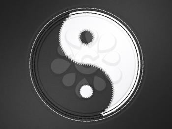 Ying yang stitched symbol on black leather background