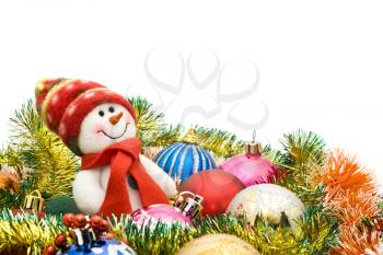 Christmas greeting - Cute snowman and group of balls over white