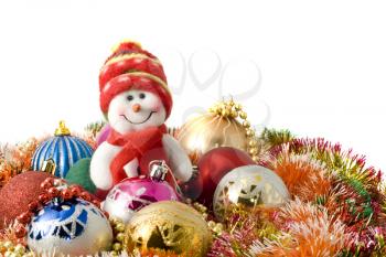 Christmas greeting - Funny white snowman and decoration balls over white