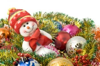 Christmas greeting - Lovely snowman and decoration balls over white