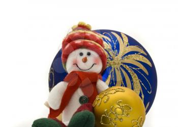 Cute Cuddly Christmas decoration toy with colorful New Year Balls over white with focus on the back