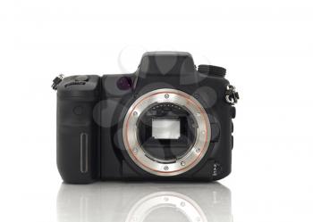 Front view of professional Dslr camera body and its mirror over white background