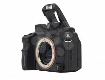 Professional Dslr camera body with opened flash isolated over white background
