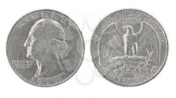 United States money. Quarter dollar coin (Kansas). Obverse and reverse isolated over white