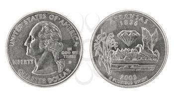 United States money. Quarter dollar coin (Kansas). Obverse and reverse isolated over white