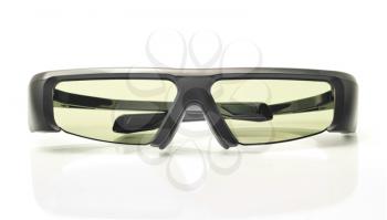Stereo 3D TV: active shutter glasses over white background