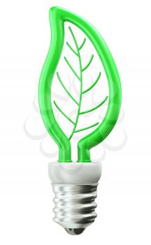 Eco friendly technology: green leaf light bulb on white